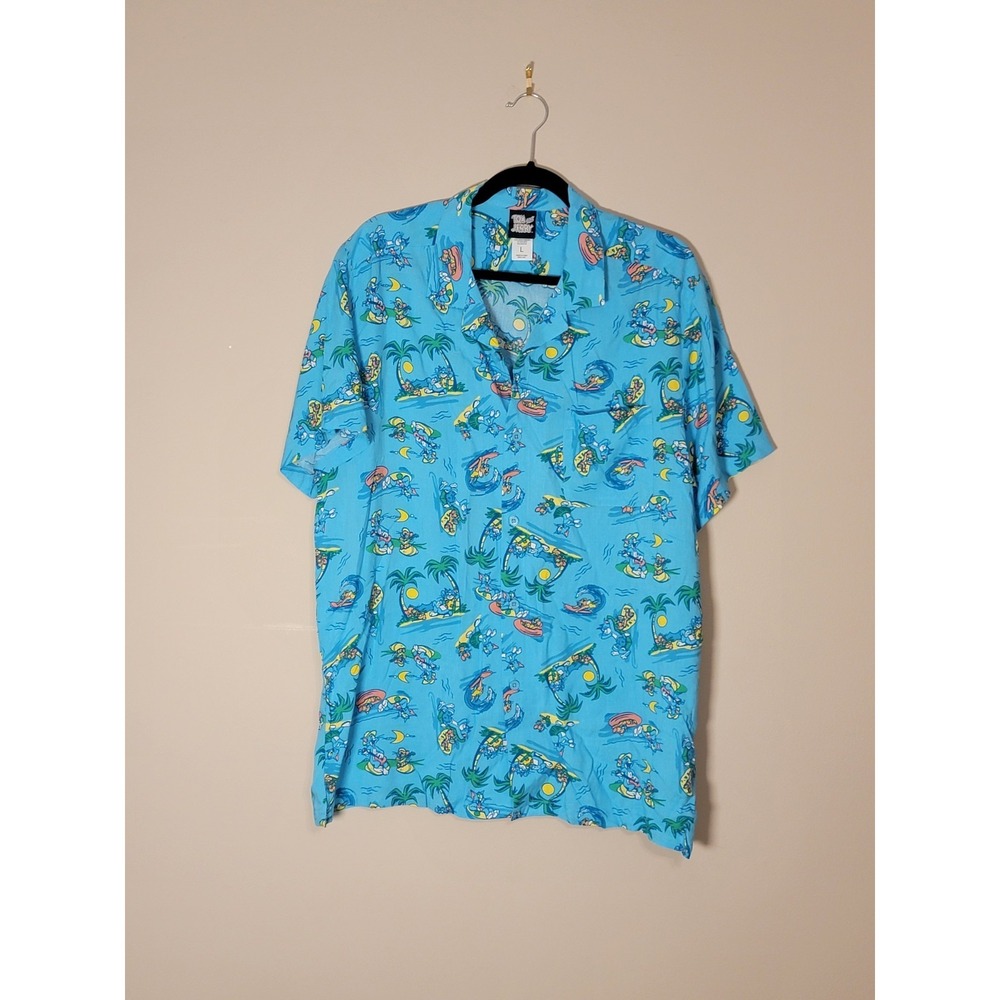Tom And Jerry Shirt Mens LARGE Novelty Blue Button Up Rayon‎